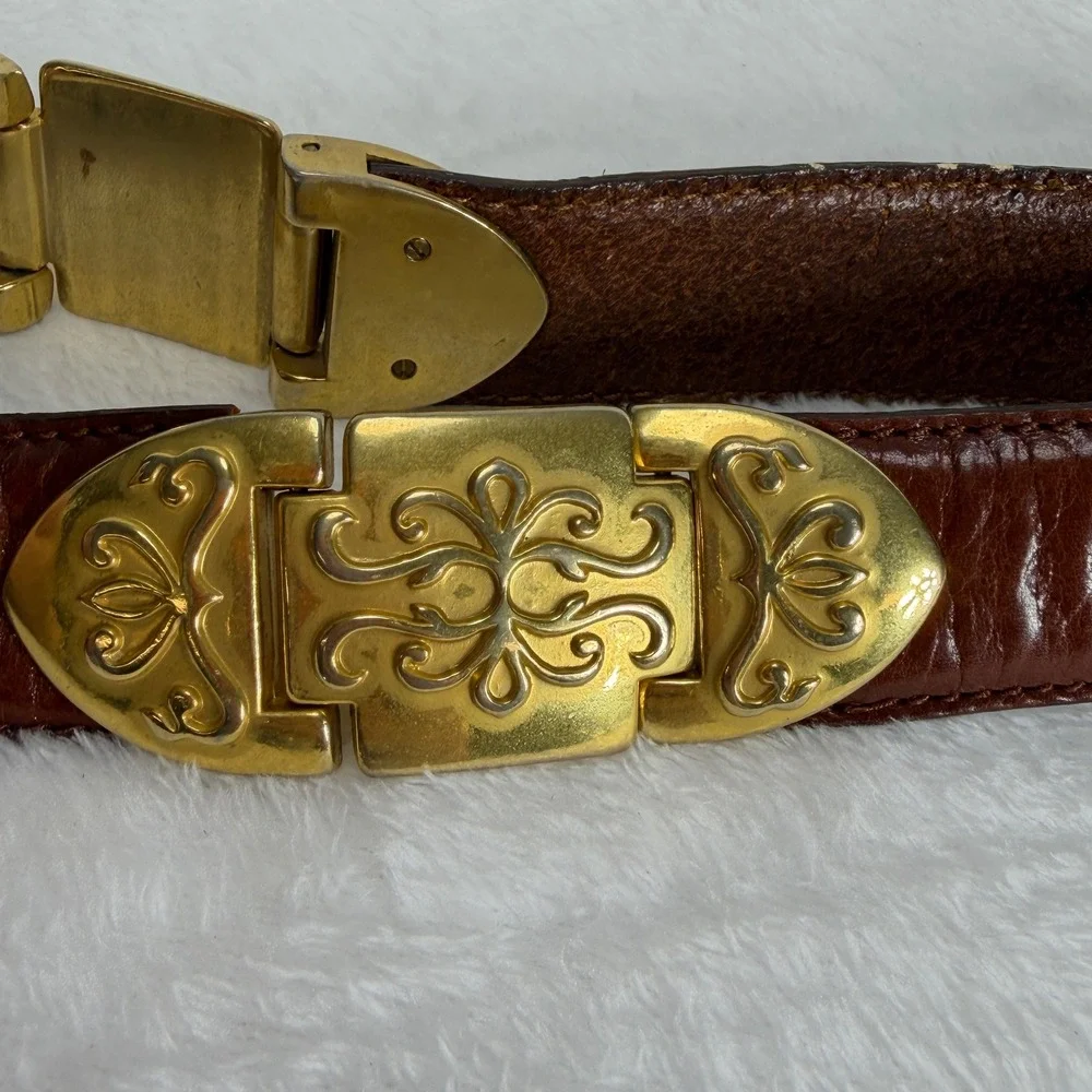 VTG Fossil Womens S Brown Leather Western Concho Belt Gold Tone Filigree Buckle‎